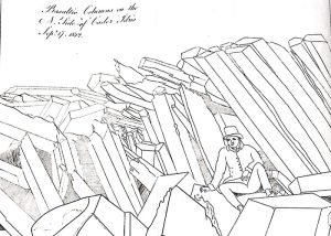 Early geologist in examining columnar basalt on Cader Idris, Wales in 1812. This illustration is in Robert Bakewell's book 'Introduction to Geology' (1813).